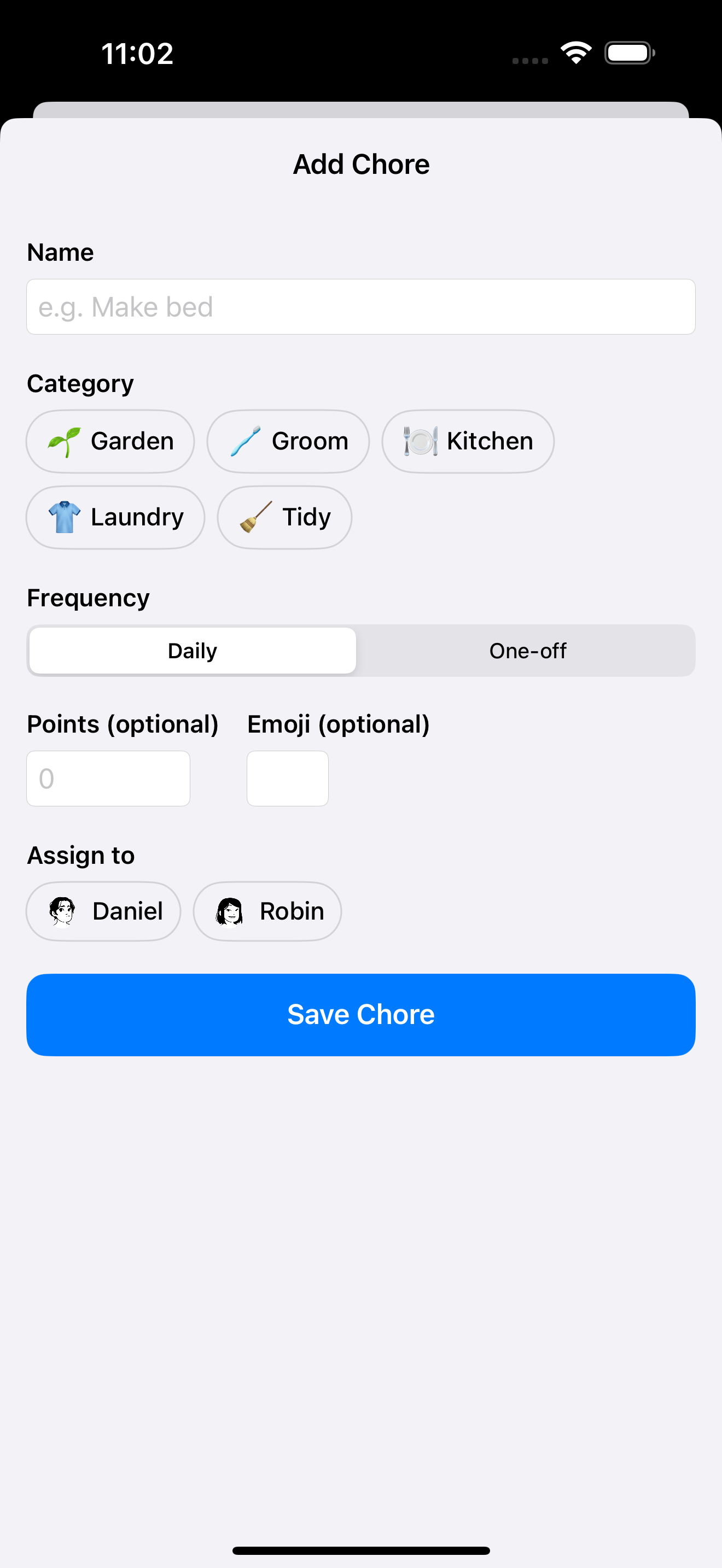 Add Chore form
