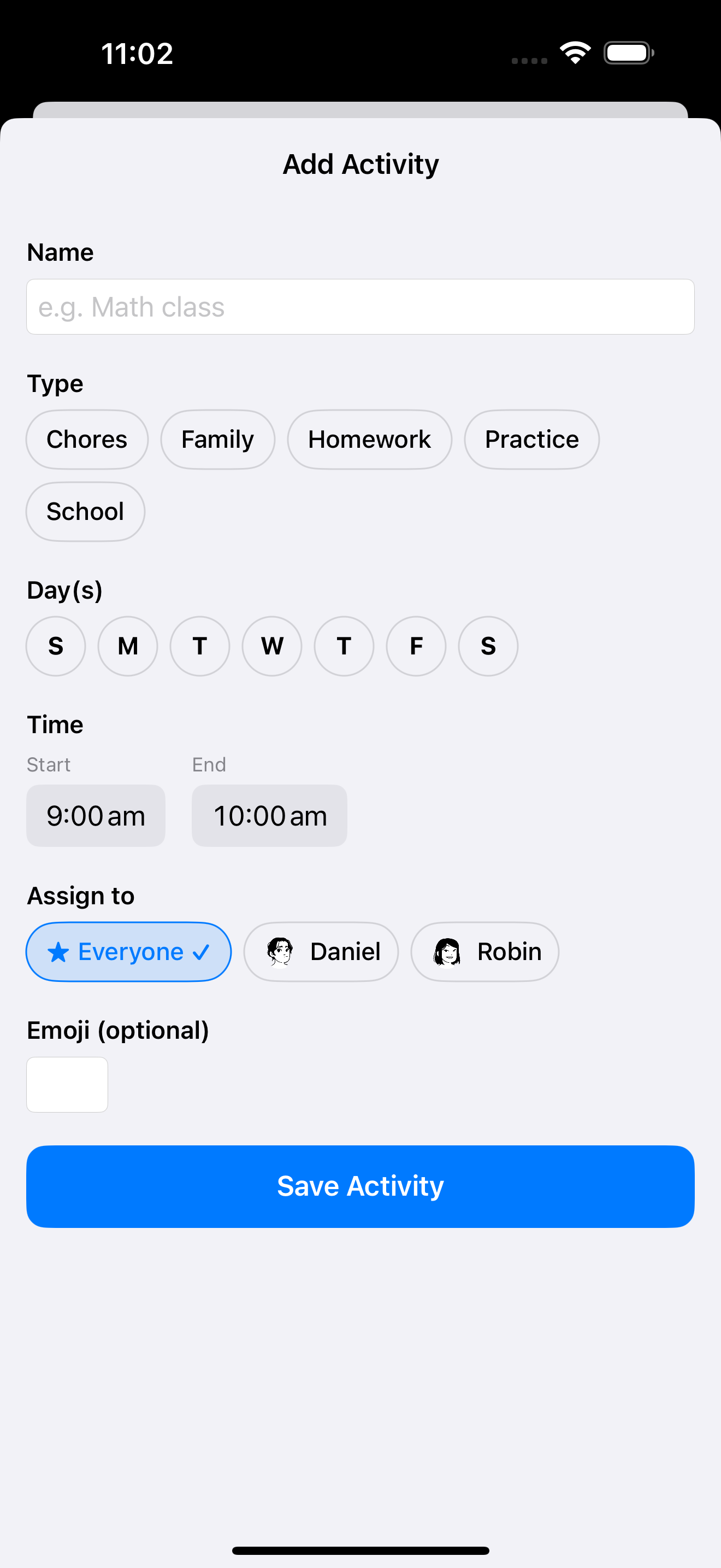Add Activity form